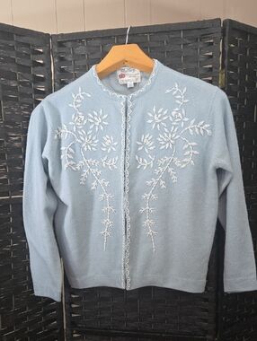 Vintage Millay Light Blue Cardigan with White Floral Bead Work Lambswool Size 42